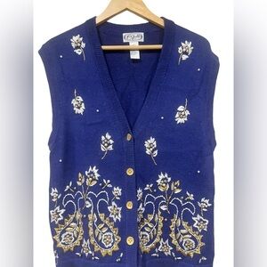 P Galli Designs Blue Embroidered Bling Vintage Vest Button Down Size Large